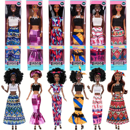 Six-Piece 11.5-Inch Fashion Doll Set with Curly-Hair Styles, Bohemian Outfits, Headbands and Jewelry