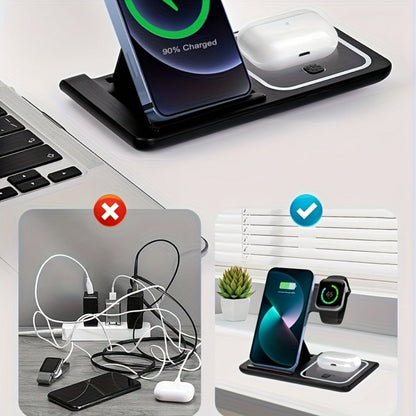 3-in-1 Wireless Charging Station with QC3.0 Adapter Included 15W Fast Charge – Upright Stand for iPhone 17/16/15/14/13/12/11, Apple Watch Ultra/Series 9/8/SE & AirPods | Black & White