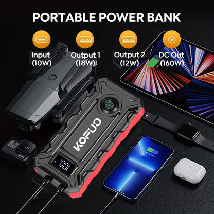 Car Jump Starter 6000A Portable Battery Booster Pack – 12V Emergency Start for Gas & Diesel Engines, Power Bank, LED Flashlight, LCD Display, Compact Camping Essential