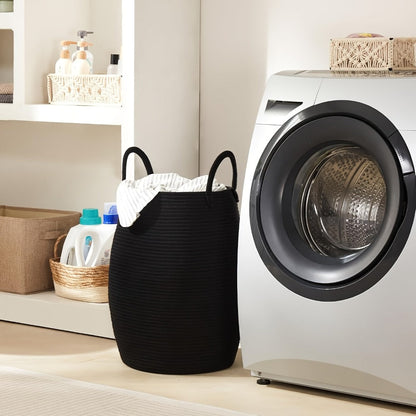 Tall Bohemian Rope Laundry Hamper with Extended Handles, Tassel Detail and Exact Black-and-Brown Option