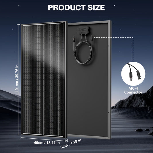 High-Efficiency 100 Watt Solar Panel Featuring a Black Backsheet, 18 BB Monocrystalline Design, Suitable for 12V Applications. Ideal for Charging Power in Homes, Rvs, Marine Settings, Rooftops, Farms, Batteries, And Other Off-Grid Uses