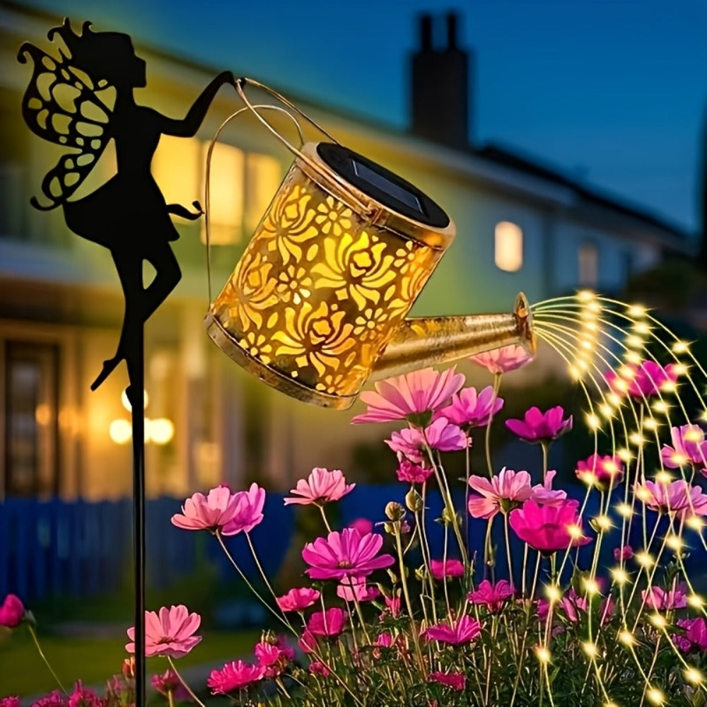 Solar Garden Lights 2-Piece Watering Can Waterfall String Lights, IP65 with Ground Stakes Set