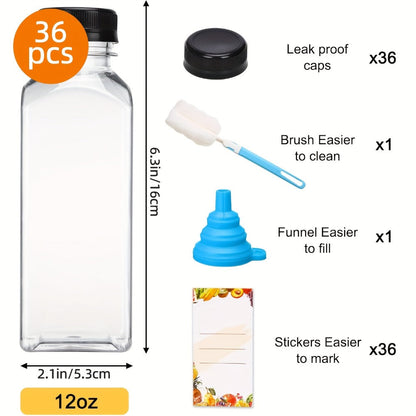 Reusable Juice Bottle Set, Clear Plastic 12oz or 16oz Drink Containers with Lids, Funnel and Cleaning Brush