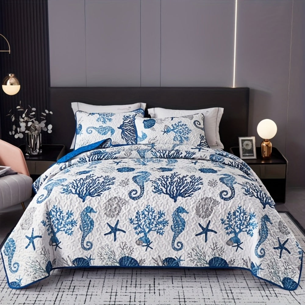 Three-Piece Ocean-Print Duvet Cover Set with Two Pillowcases in Twin, Full-Queen or King Sizes