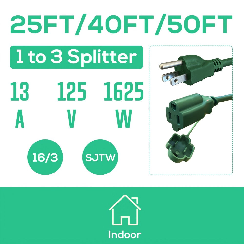 One-to-Three Extension Cord Splitter with 25- or 50-Foot Green and Black Grounded Configurations