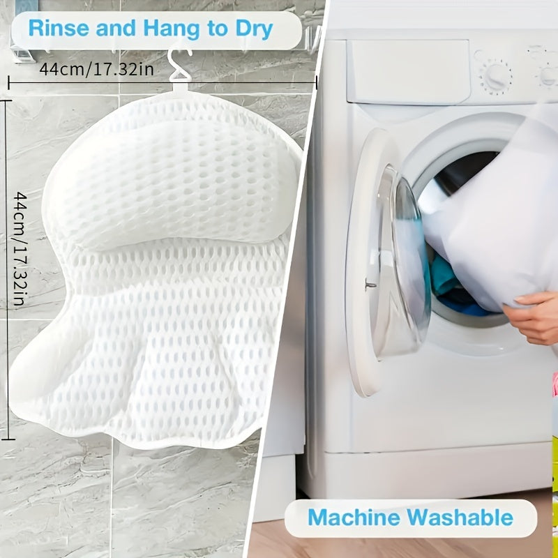 Contoured Bathtub Neck and Back Cushion with 4D Air Mesh, Suction Cups and White or Gray Finish