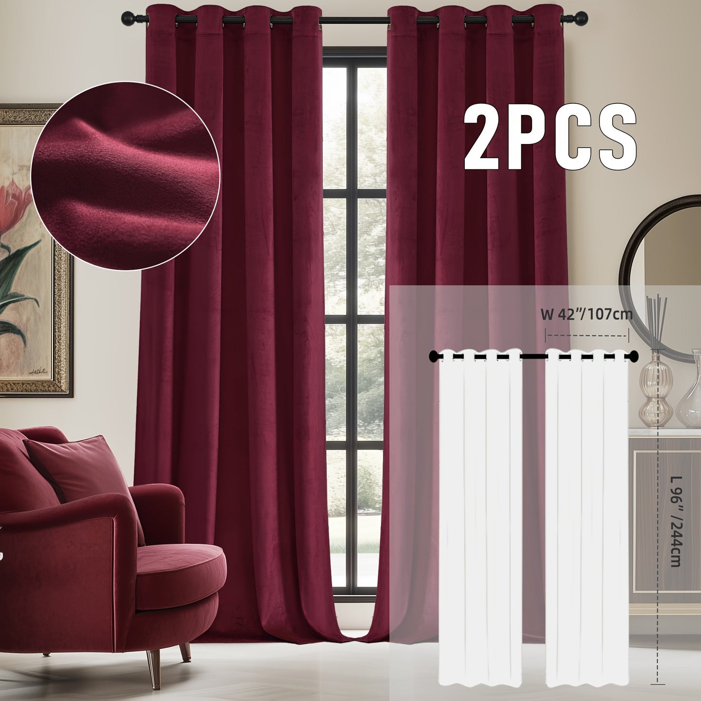 Velvet Room Darkening Curtains 2 Panels | Grommet Top Thermal Insulated Soundproof Blackout Curtains for Living Room Bedroom, Soft Solid Color Vintage Window Drapes