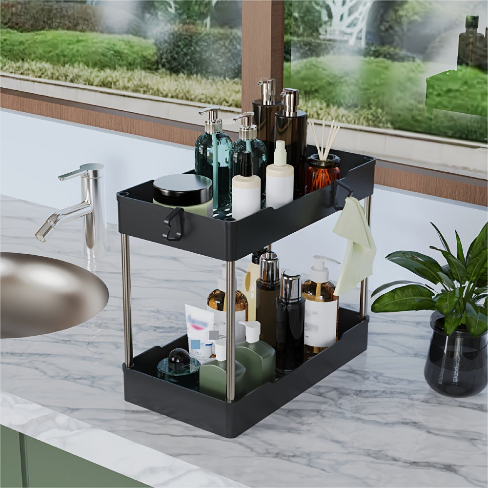 Three-Pack Under-Sink Storage Organizer Set with Two-Tier Racks in Graduated Sizes and Black or White Finish