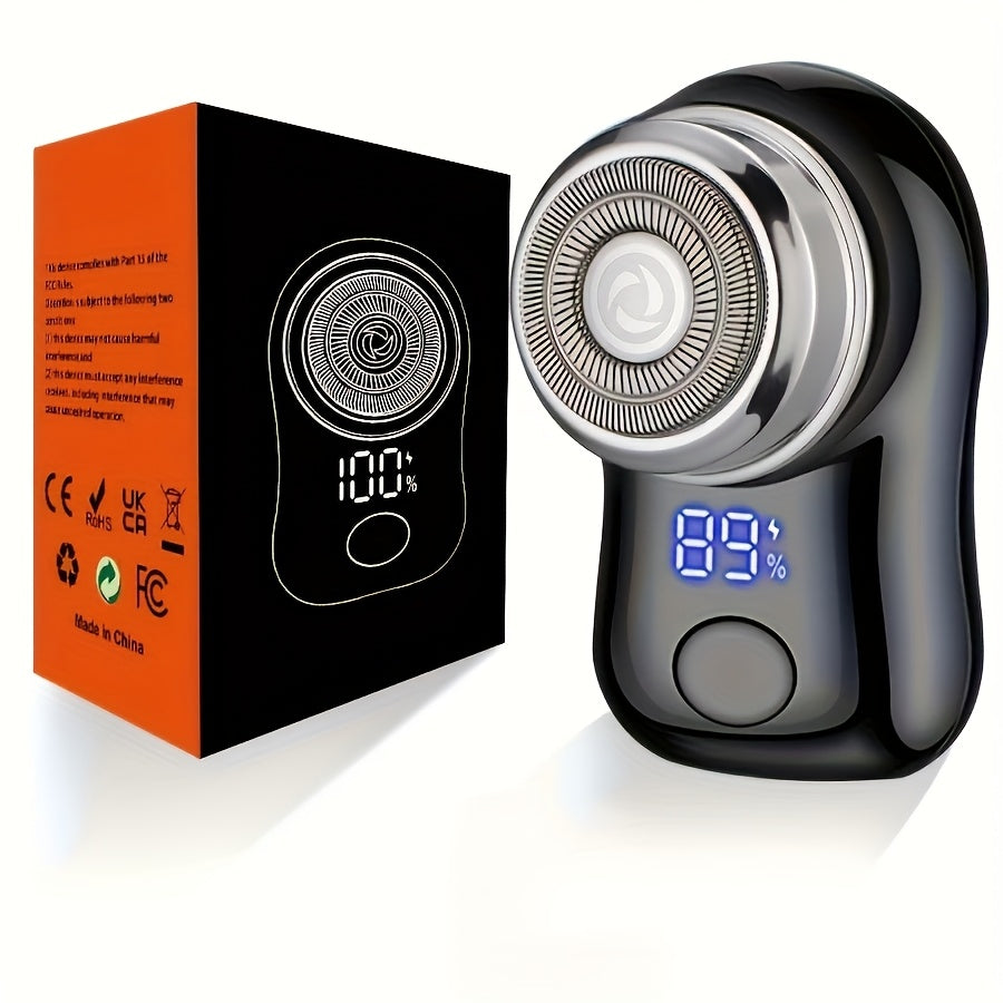 Compact Black Dual-Ring Rotary Electric Razor with Digital Battery Display, USB Cable and Travel-Size Body