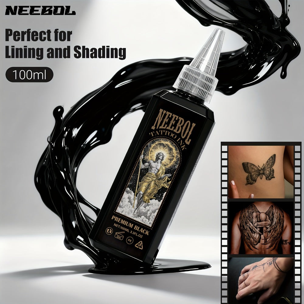Black Tattoo Ink 3.38oz 100ml - Neebol Premium Super Dark Formula for Outlining Shading Blending, Long-Lasting Fade-Resistant Body Art Ink for Professional Tattoo Artists & Beginners