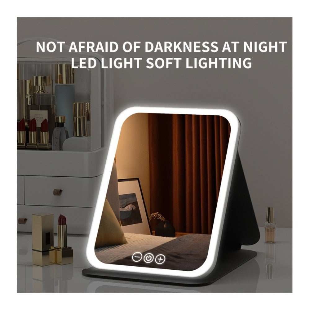 Makeup Mirror Foldable LED Travel Stand with Three Light Colors, Touch Dimming, USB Charging and Pink or White Options