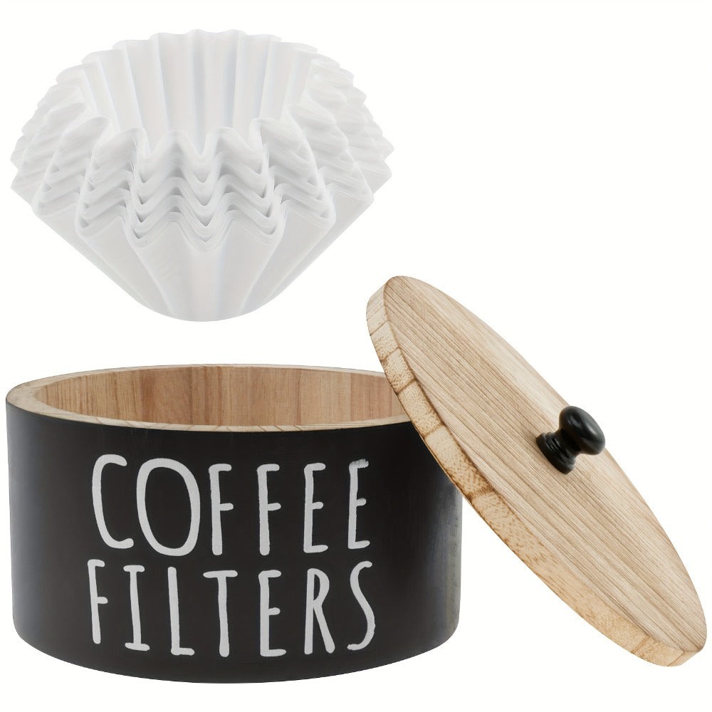 Wooden Coffee Filter Holder with Lid – Large Capacity Rustic Round Organizer Dispenser for Coffee Filters & Tea Bags, Bamboo Lid, Kitchen Countertop Coffee Bar Decor