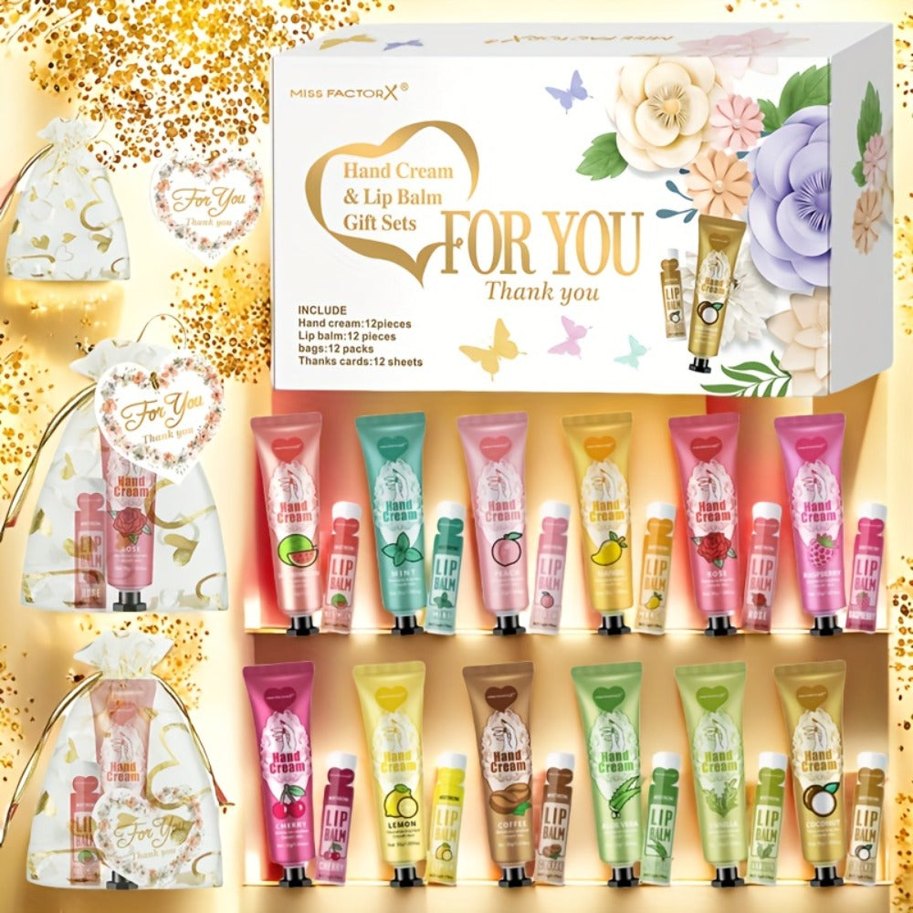 Shea Butter-Labeled Hand Cream and Lip Balm Gift Set with Vitamin E-Labeled Skin Care Formula