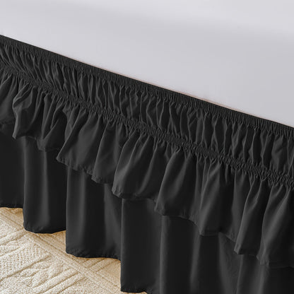 Double Ruffle Bed Skirt 16" Drop | Elastic Wrap Around Dust Ruffle for Twin Full Queen King Bed | Easy Install Machine Washable Soft Linen Poly Blend Bedskirt