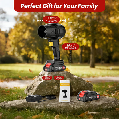 21V Cordless Leaf Blower in Black with 40,000 RPM Marking, Two Battery Packs, Charger Cable and Nozzle Pieces