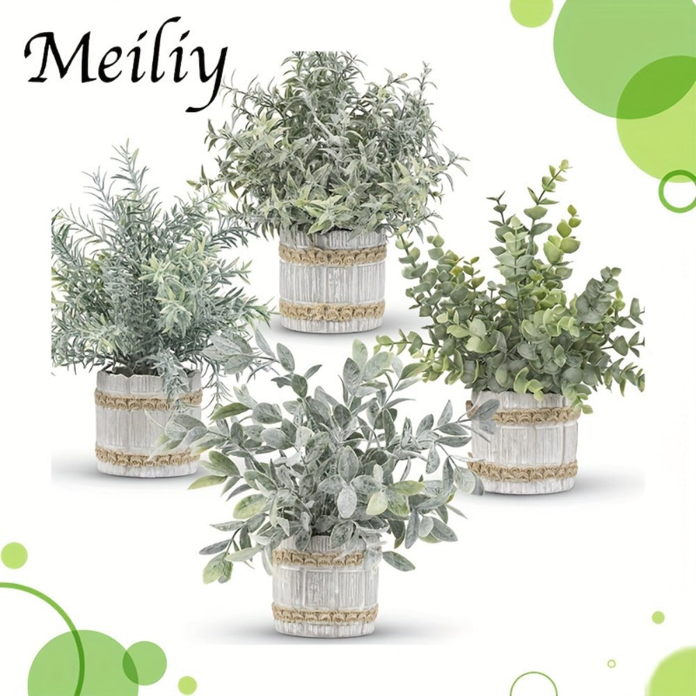 Mini Artificial Potted Plants 4 Pack – Realistic Fake Greenery in White Pots for Home, Office & Party Decor | No Watering Needed Low-Maintenance Indoor Outdoor Faux Plant Set | Housewarming Gift