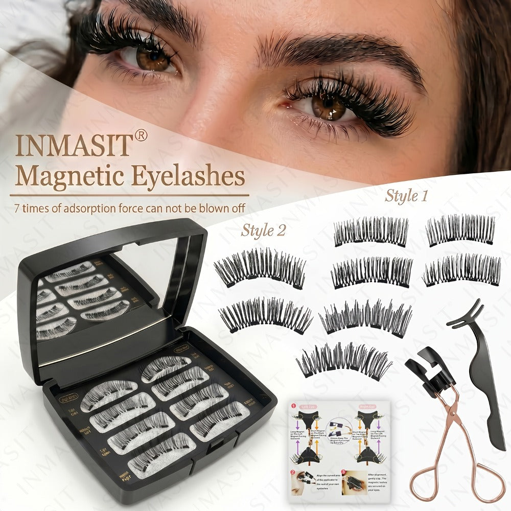 Eight-Piece Black Magnetic False Eyelash Kit with Rectangular Case, Applicator, Tweezers and Brush