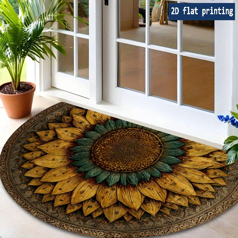 Sunflower Mandala Door Mat Semi-Circle Retro Floral Welcome Mat Soft Machine Washable Non-Slip Rug for Porch Front Door Kitchen Entryway Indoor Outdoor Decor