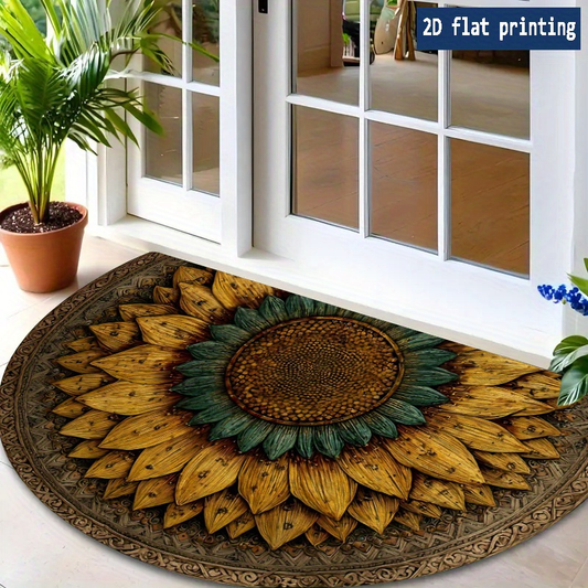 Sunflower Mandala Door Mat Semi-Circle Retro Floral Welcome Mat Soft Machine Washable Non-Slip Rug for Porch Front Door Kitchen Entryway Indoor Outdoor Decor