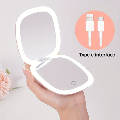 Makeup Mirror Foldable Dual-Sided Compact with Three Light Colors, Touch Brightness, USB-C Charging and Pink or White Finish