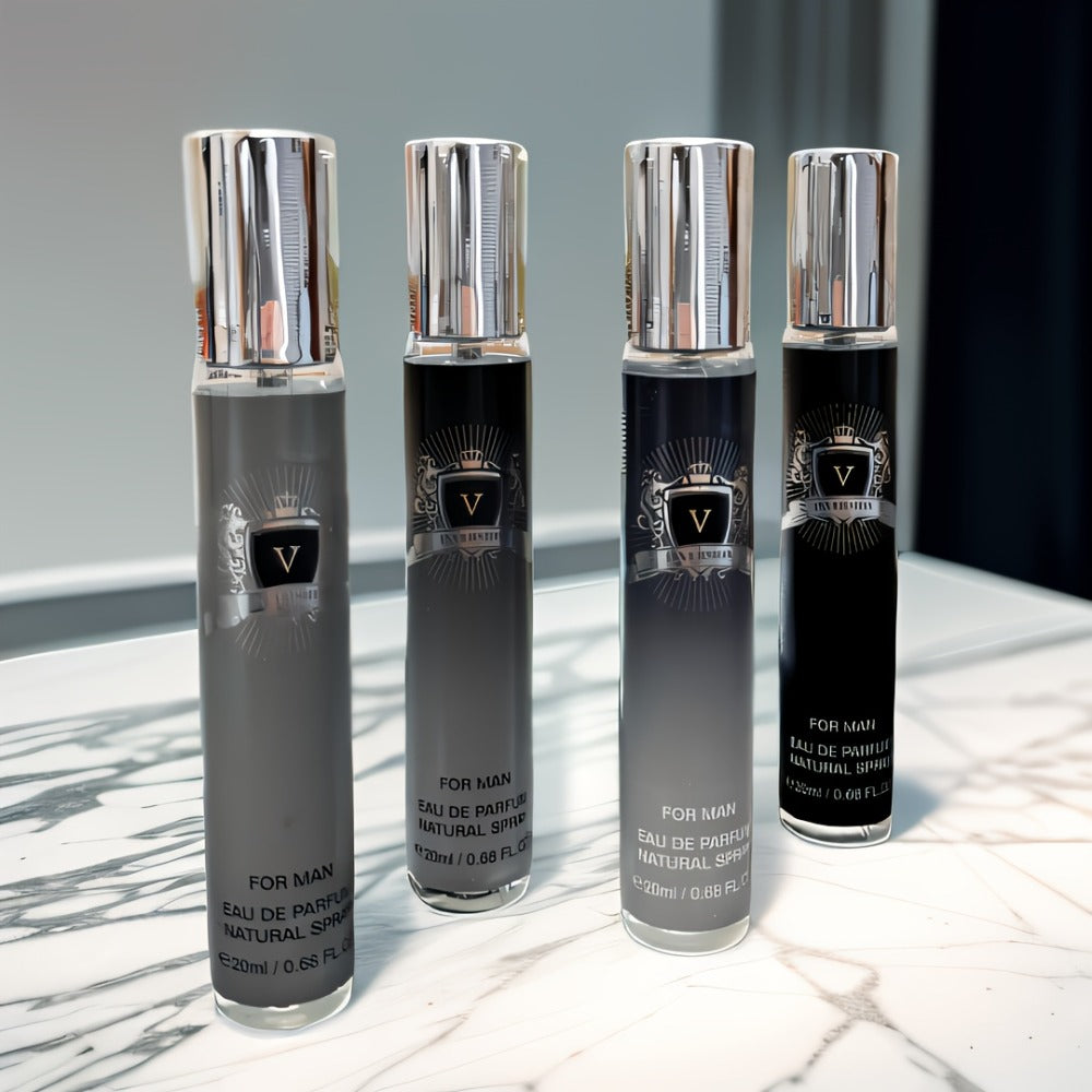Four-Piece Mini Fragrance Spray Set with 20 ml Checkout Label, Slim Bottles and Boxed Presentation