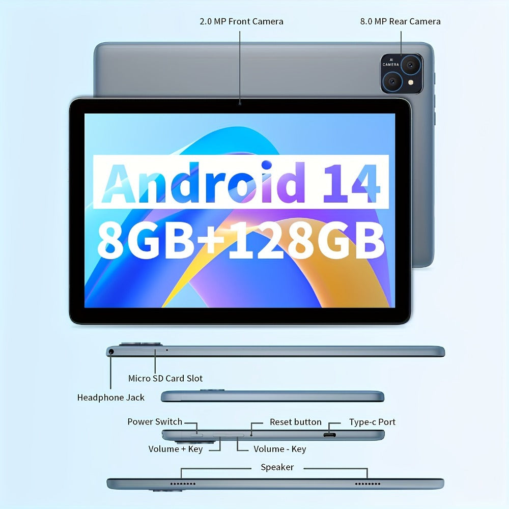 Android Tablet 10.1-Inch PRITOM with Android 14, 8GB Total RAM, 128GB Internal Storage and Keyboard Kit