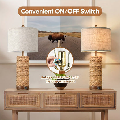 Table Lamp Set of Two with 27-Inch Woven Seagrass Bases, Linen Shades, Dual USB Ports and E26 Sockets