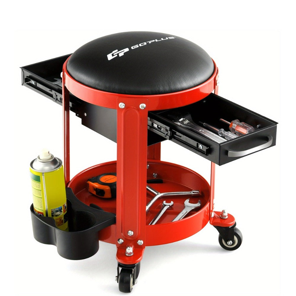 Rolling Workshop Stool with Drawers – 330 lb Mechanic Seat with 2 Storage Drawers, Cup Holders, Tool Tray, Removable Cushion & 4 Swivel Casters for Garage Auto Repair (Black/Red)