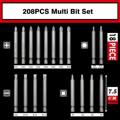 208-Piece Screwdriver Bit Set Impact Driver Kit - S2 Steel Torx Phillips Square Hex Nut Driver with Toolbox for Drill Power Tool DIY Auto Repair