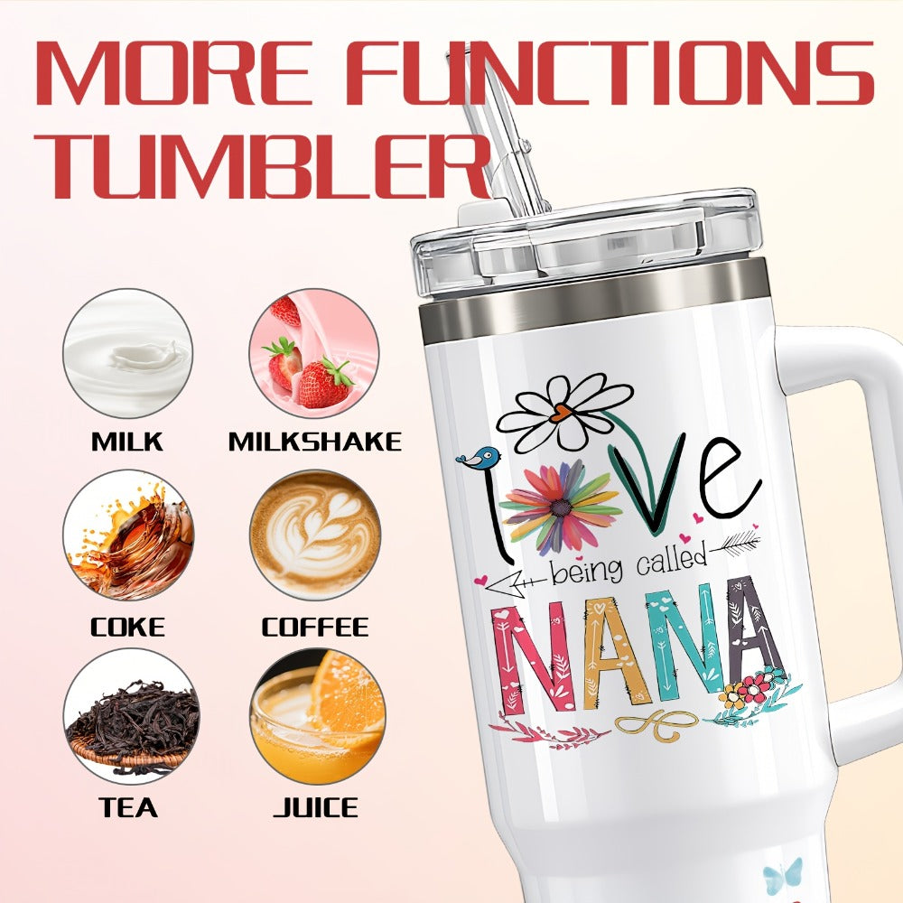 Floral Nana Graphic Stainless Steel Tumbler with Lid and Straw in White 16oz or 40oz Options