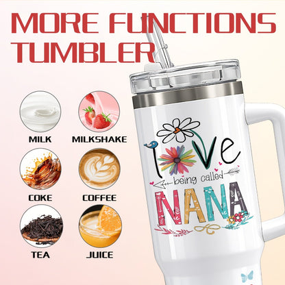 Floral Nana Graphic Stainless Steel Tumbler with Lid and Straw in White 16oz or 40oz Options