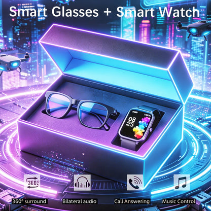 AI Translation Smart Glasses and Smartwatch Set 2026 Real-Time Multi-Language Photo Translation Built-In Mic Speaker Calling Music Full Touch Wearable Tech Bundle Men Women Black Pink Silver
