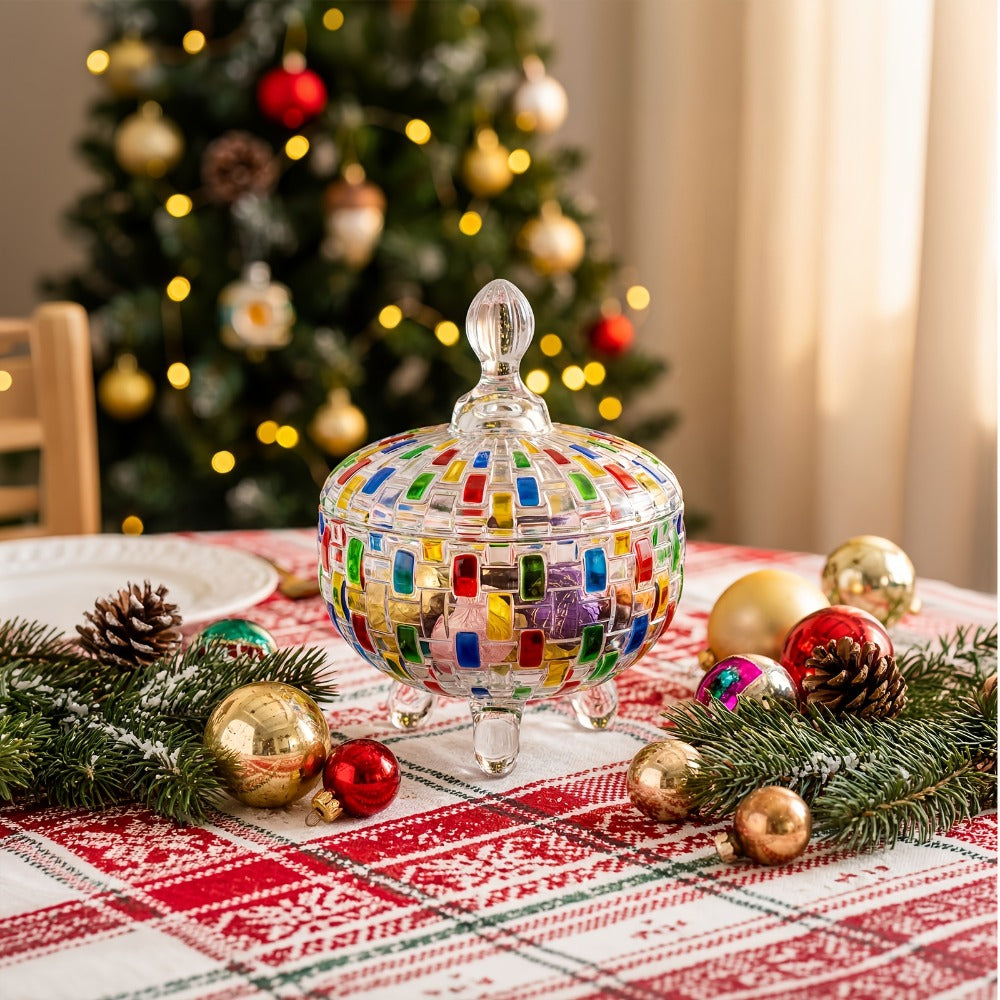 Crystal Glass Candy Dish with Lid & Tongs – Hand-Painted Colorful Candy Box, Jewelry Storage Jar, Christmas Gift for Family & Friends | Elegant Candy Server