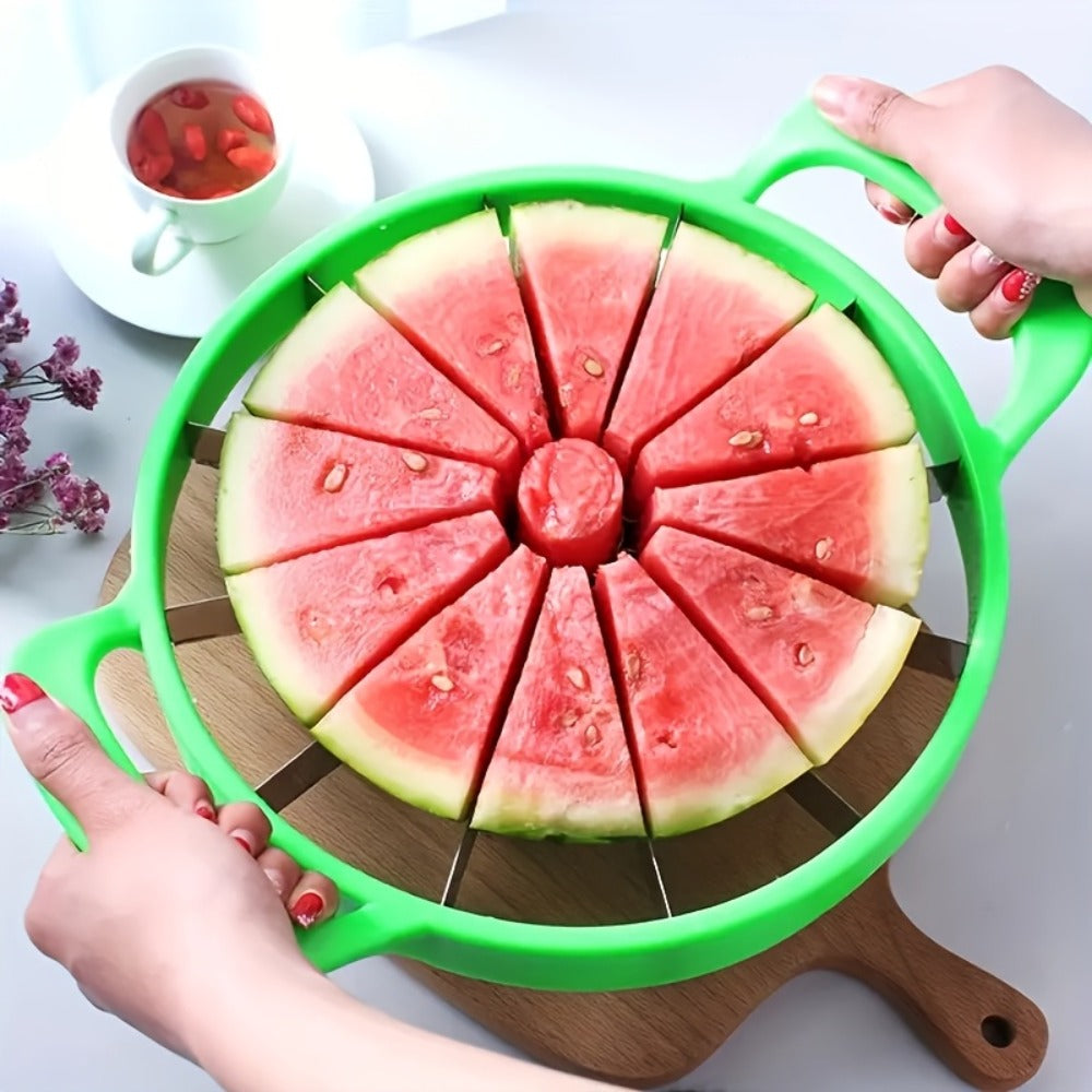 Round Watermelon Slicer Tool with Dual Green Handles, Central Coring Ring and Radial Metal Cutters