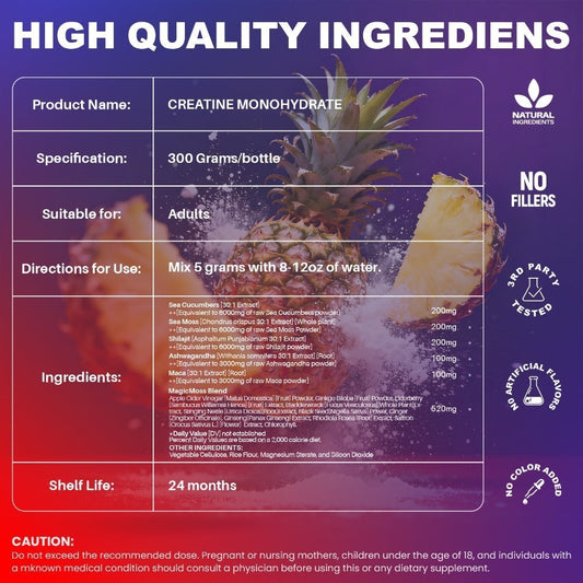 Micronized Creatine Monohydrate 5000mg Powder 300g 60 Servings – No Artificial Sweeteners or Flavors, Energy, Muscle Recovery & Mental Clarity