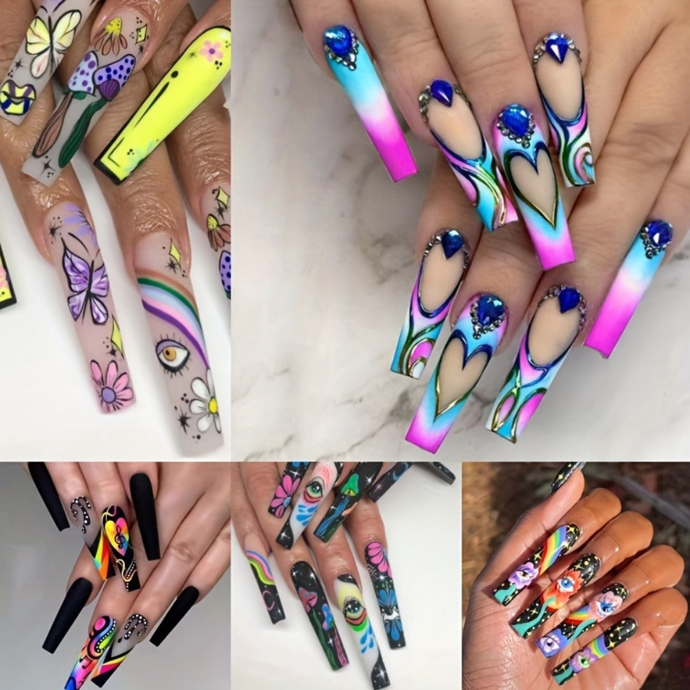 Press On Nails 120-Piece Extra-Long Set in Five Boxes with Cosmic, Crystal, Matte, Stripe and Floral Designs
