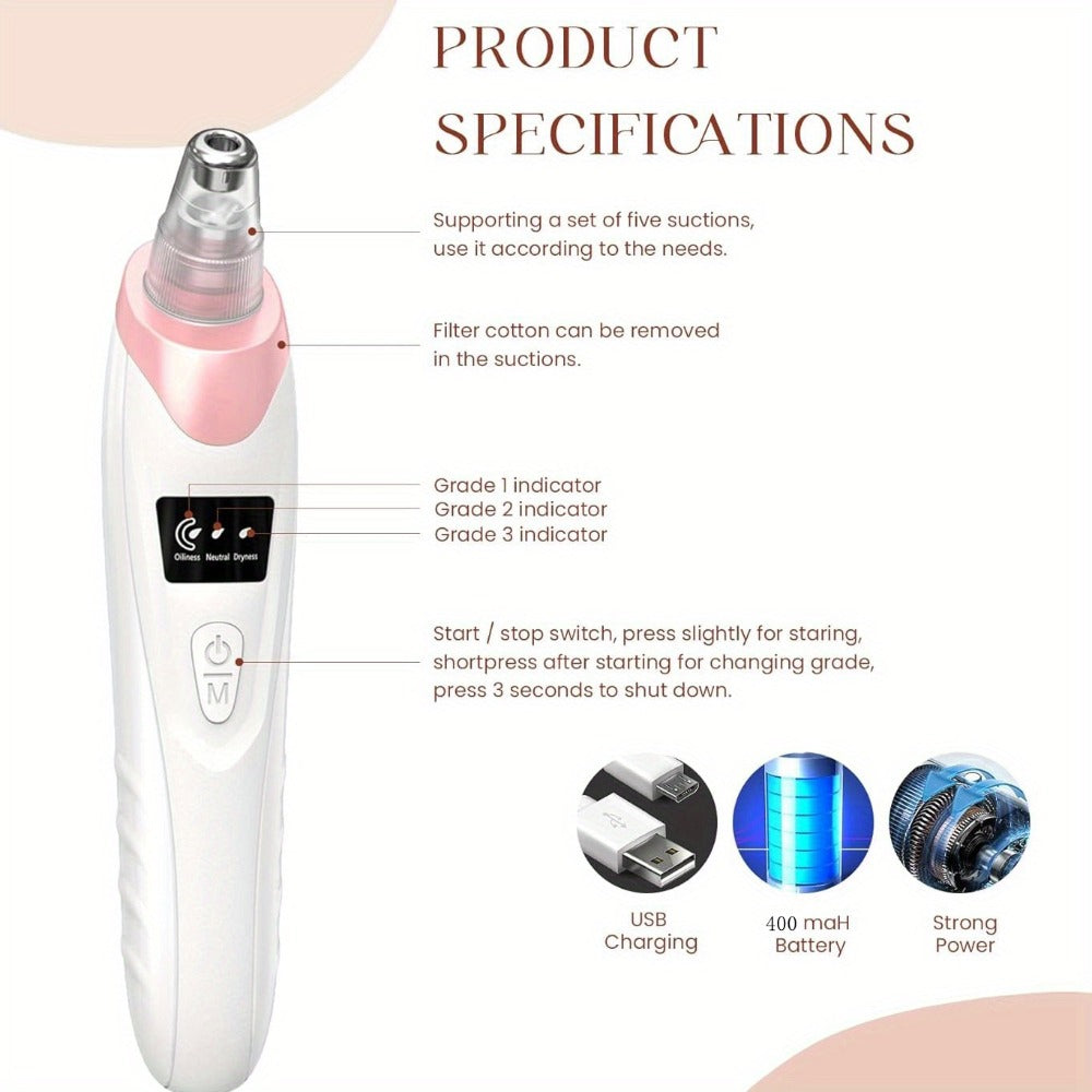Pink Pore Vacuum Blackhead Remover with 3 Suction Levels, 5 Heads and 4 Manual Extractor Tools