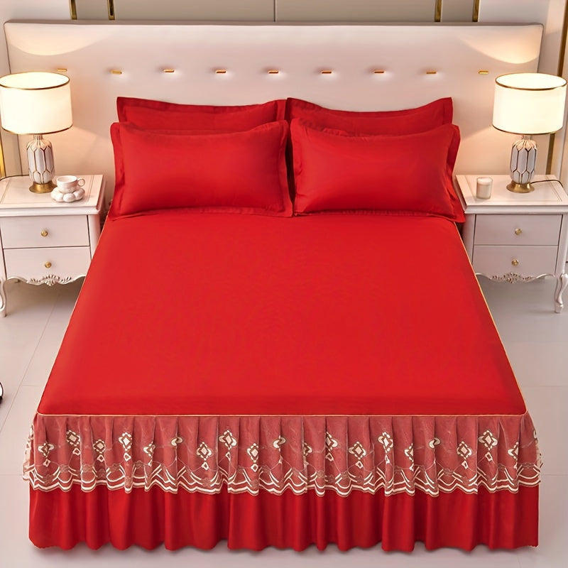 Macrame Lace Bed Skirt Set 3pcs – Double Layer Non-Slip Bed Skirt with 2 Pillowcases All Seasons Twin Full Queen King