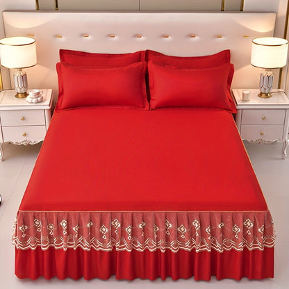 Macrame Lace Bed Skirt Set 3pcs – Double Layer Non-Slip Bed Skirt with 2 Pillowcases All Seasons Twin Full Queen King