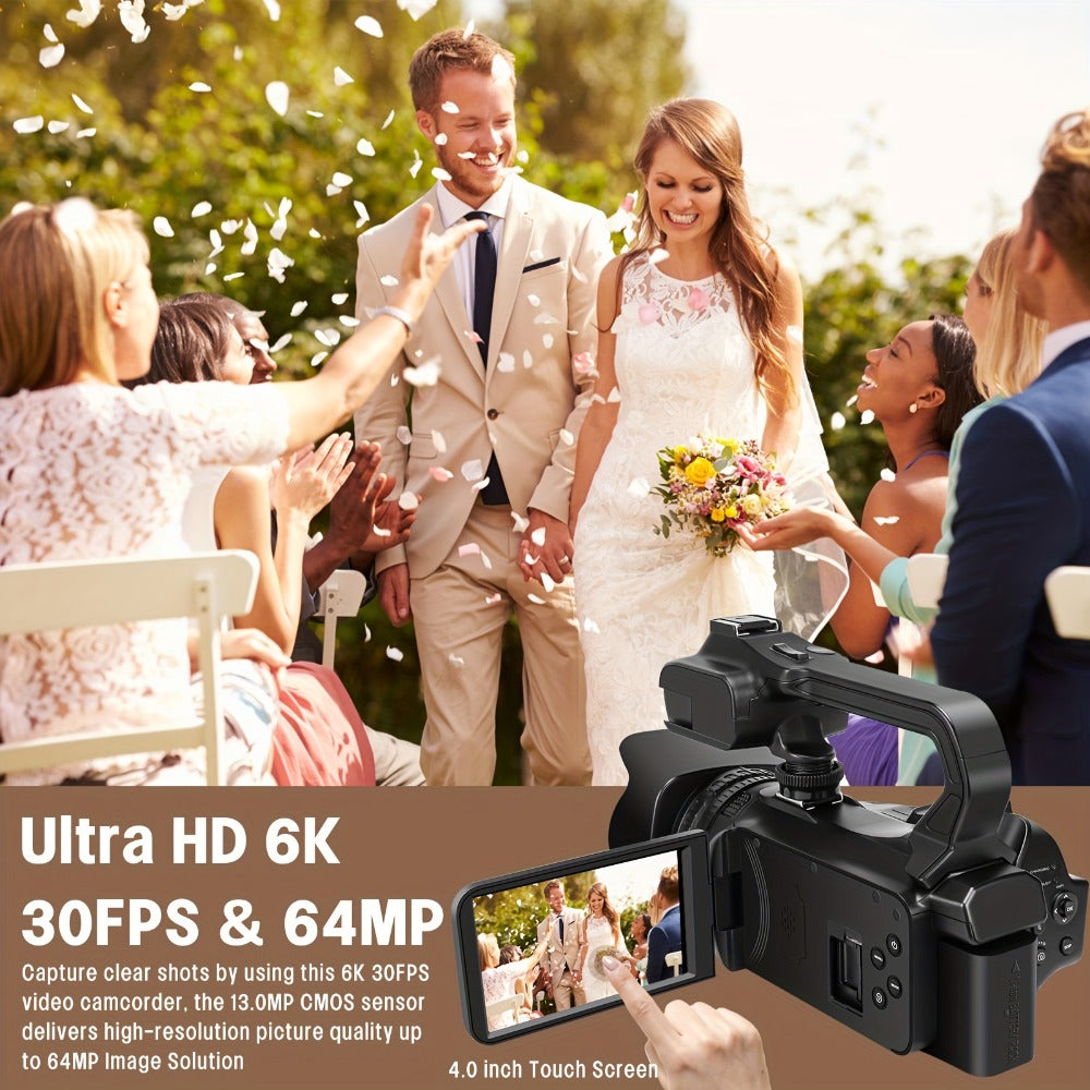 6K 64MP Video Camera Camcorder with IR Night Vision – DINGETU 18X Zoom Vlogging Camera, 4.0" Touch Screen, WiFi, 2.4G Remote, External Mic, 64GB SD Card, 4500mAh Battery, YouTube Camera