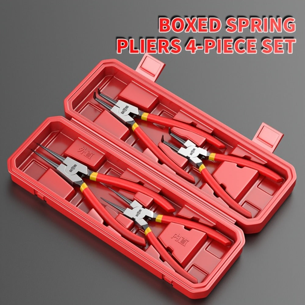 Four-Piece Snap Ring Pliers Set with Straight and Curved Jaws for Internal or External Rings in 7- or 9-Inch Sizes