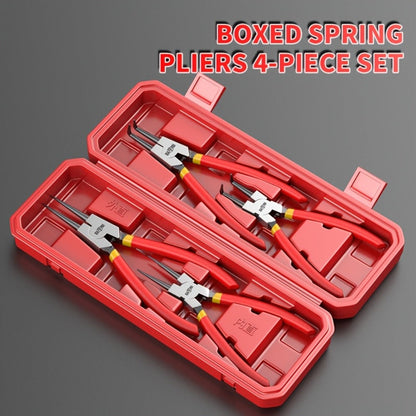 Four-Piece Snap Ring Pliers Set with Straight and Curved Jaws for Internal or External Rings in 7- or 9-Inch Sizes