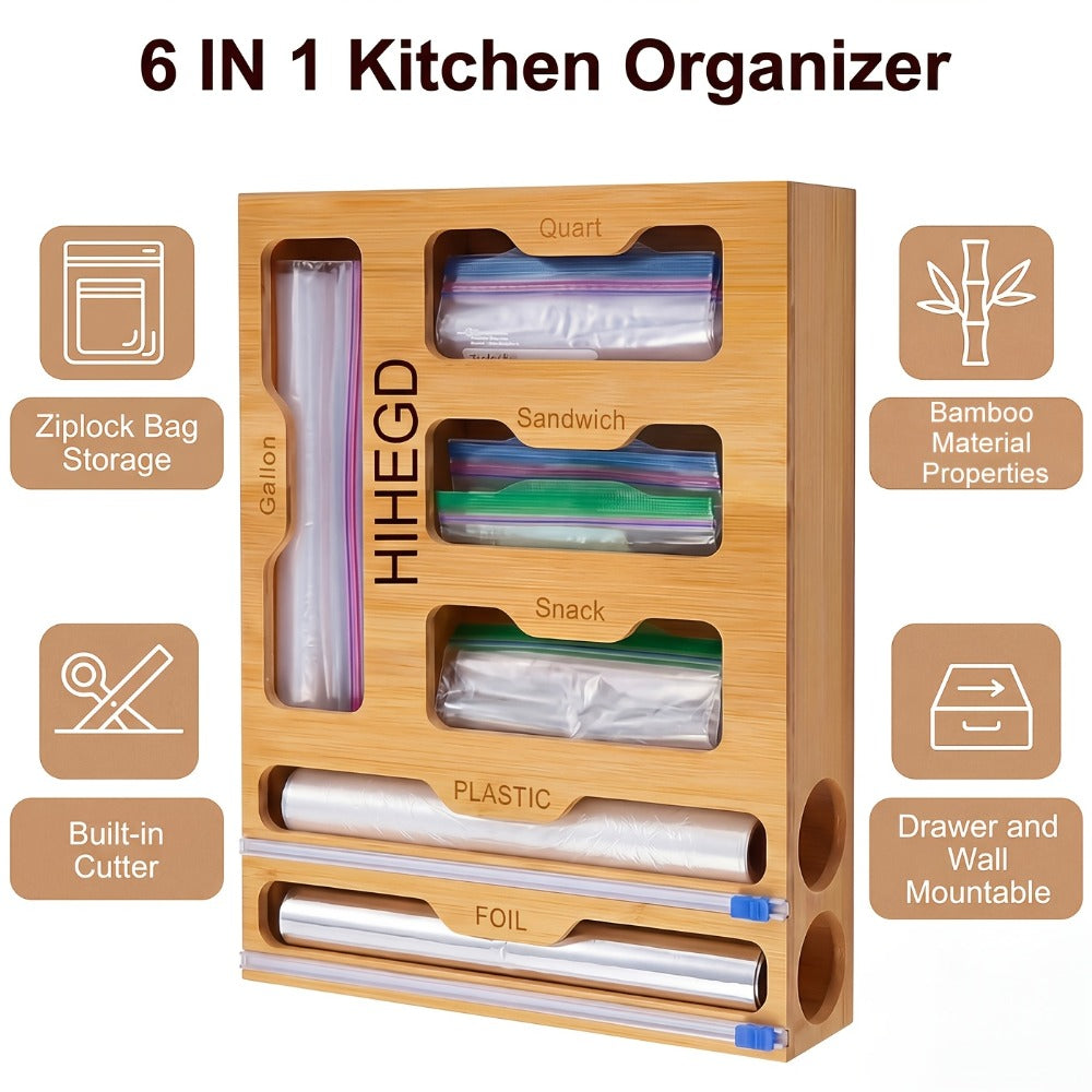 Bamboo Wrap Dispenser Kitchen Organizer 6-in-1 Bag Storage Box with Dual Cutters for Drawer or Wall