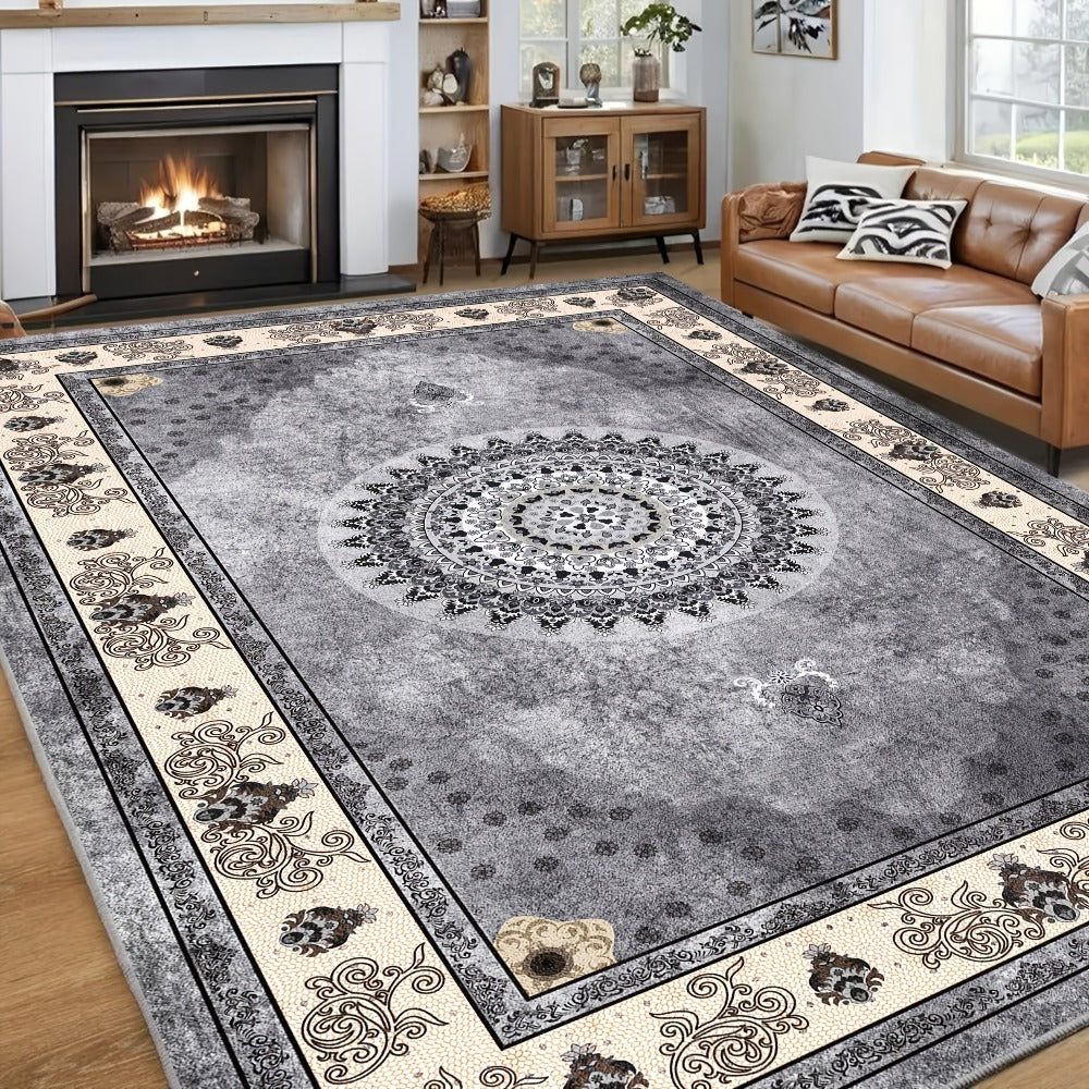 Area Rug Bohemian Persian Velvet Floral Design in Six Machine-Washable Sizes for Living Spaces