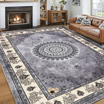 Area Rug Bohemian Persian Velvet Floral Design in Six Machine-Washable Sizes for Living Spaces