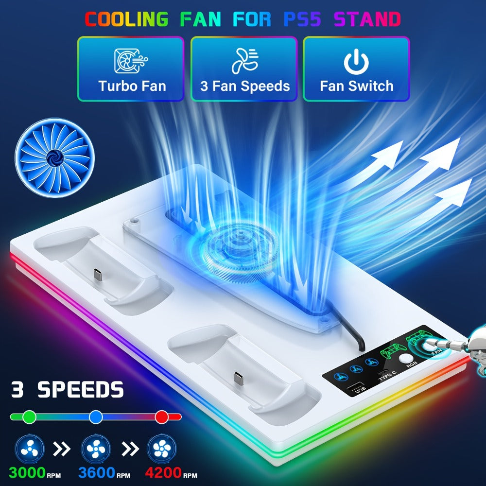 10 RGB Lights PS5 Cooling Stand with 3-Level Fan, Dual Controller Charging Station, USB Hub & Type-C Port – Compatible with PS5 / PS5 Slim / PS5 Pro Standard & Disc/Digital Edition