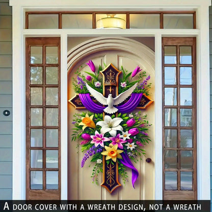 Easter Door Curtain Decoration with Dove, Floral and Cross Pattern, 35.4 x 70.8 Inches for Home or Party Display