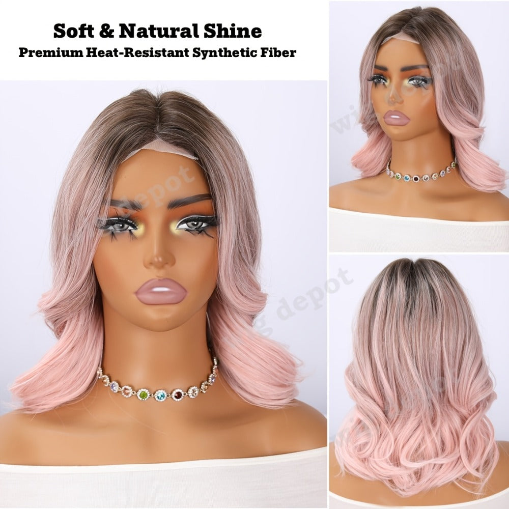 U Part Lace Front Bob Wig 4x1 Glueless Rose Net Cap Middle Part Natural Hairline Synthetic Wig for Women 14 Inch Brown Highlights Milky White Black Pink