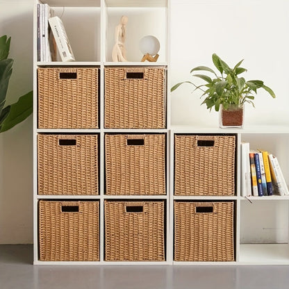 Square Woven Cube Storage Basket, 27cm on Each Side with Frame and Cutout Handles in One- or Four-Packs