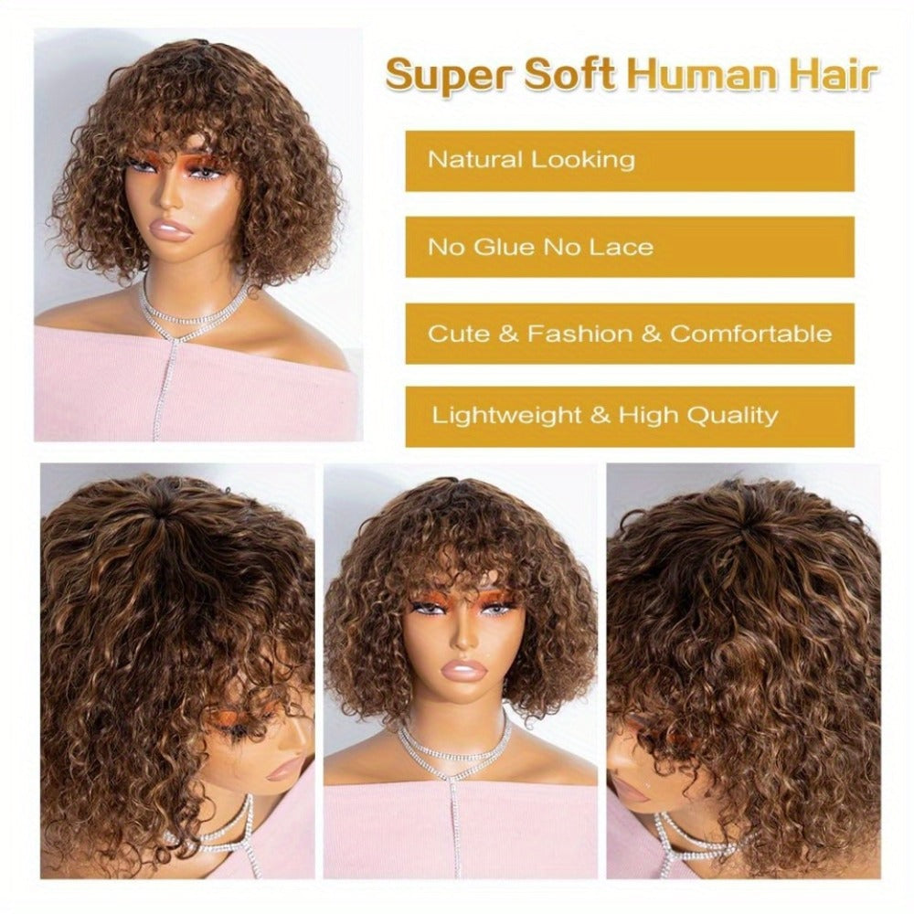 12-Inch Water Wave Bob Human Hair Wig with Bangs, 150% Density and TT1B/33 or P1B/30 Color